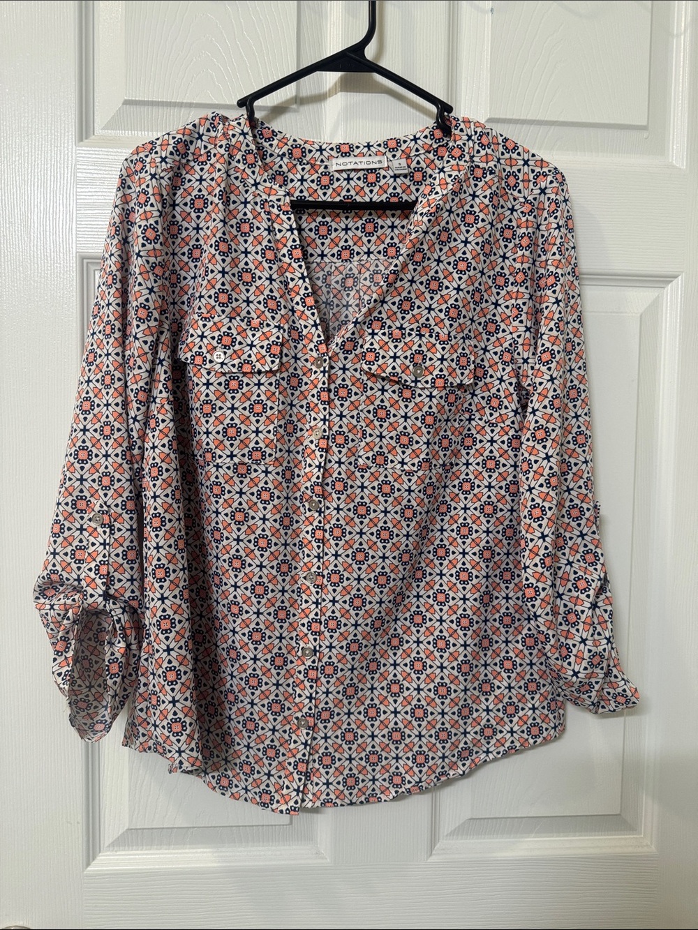 Notations Coral and Navy Geometric Print Blouse